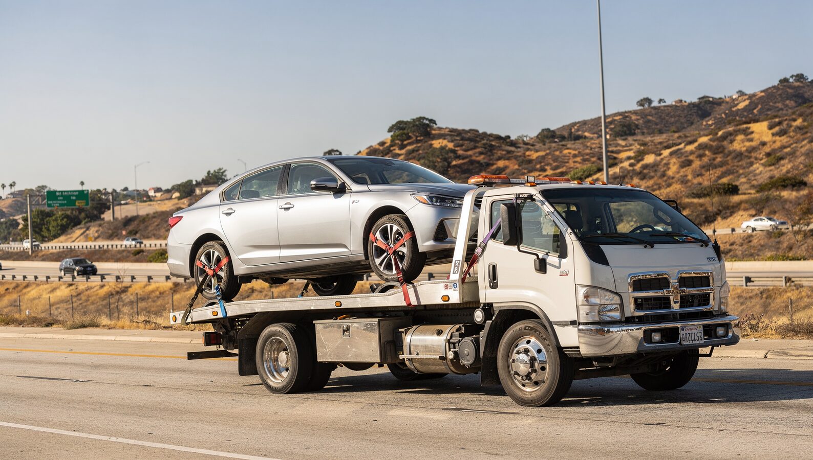 Flatbed truck securing a car for long distance towing San Diego to out-of-state delivery