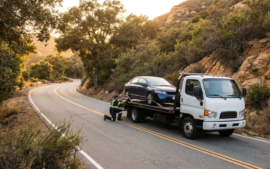 Ramirez Towing SD truck on a winding Bonita canyon road recovering a vehicle