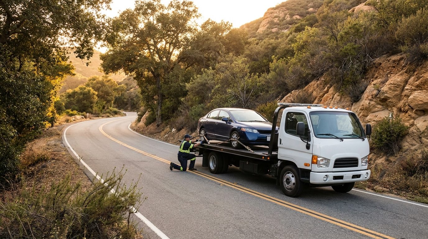 Ramirez Towing SD truck on a winding Bonita canyon road recovering a vehicle