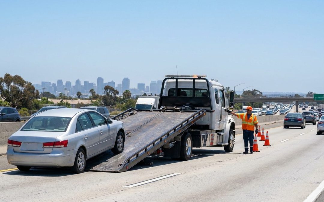 Ramirez Towing SD flatbed truck on I-805 in Chula Vista loading a vehicle