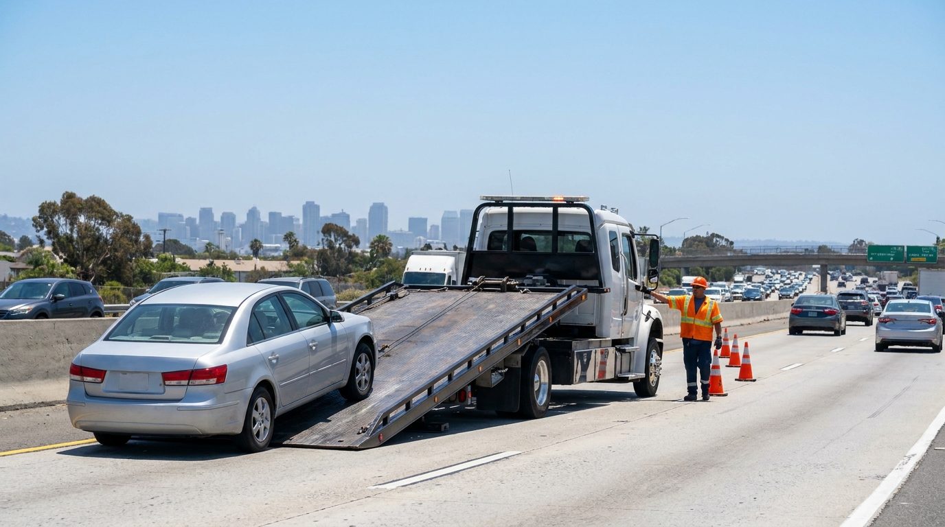 Ramirez Towing SD flatbed truck on I-805 in Chula Vista loading a vehicle