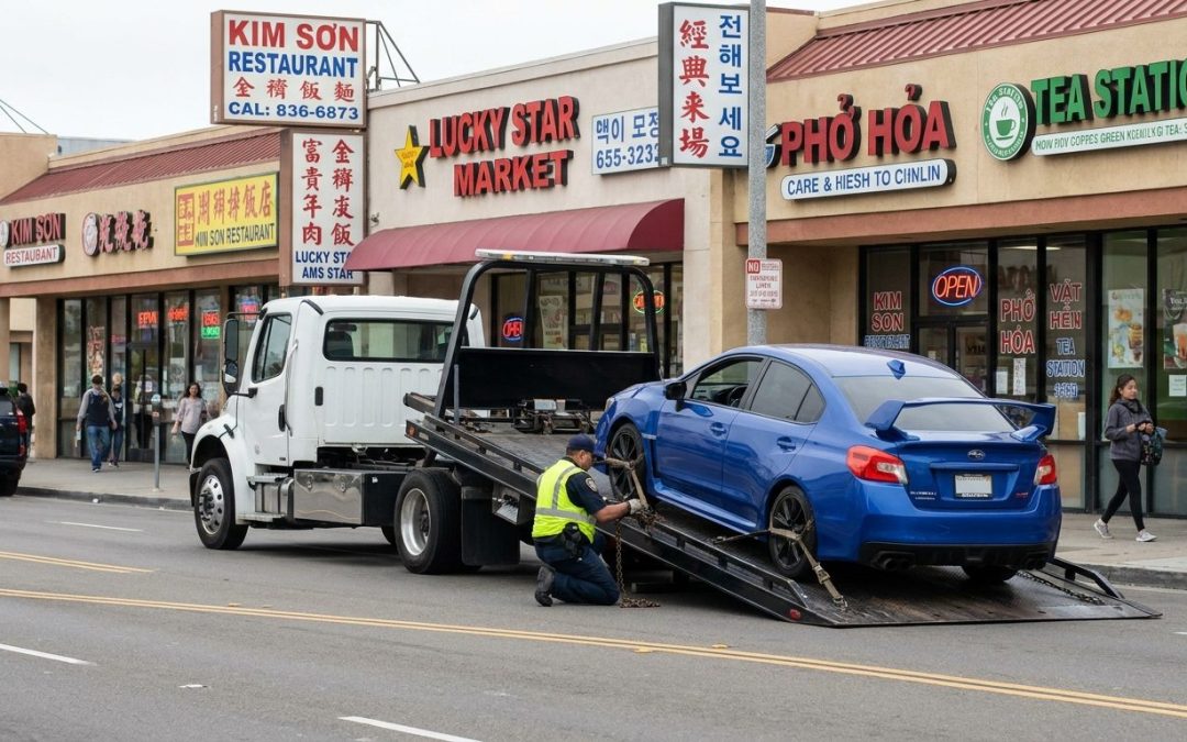 Ramirez Towing SD flatbed loading an import vehicle on Convoy Street