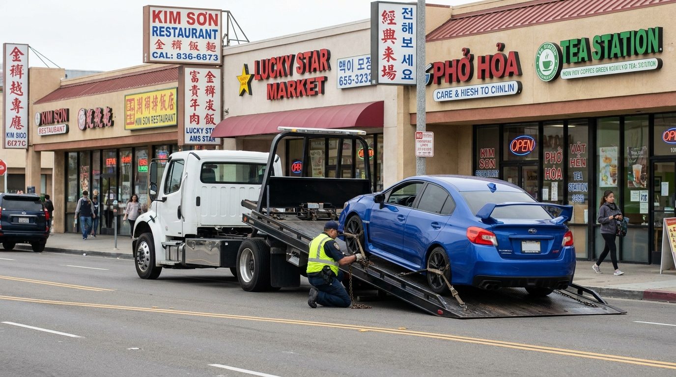 Ramirez Towing SD flatbed loading an import vehicle on Convoy Street