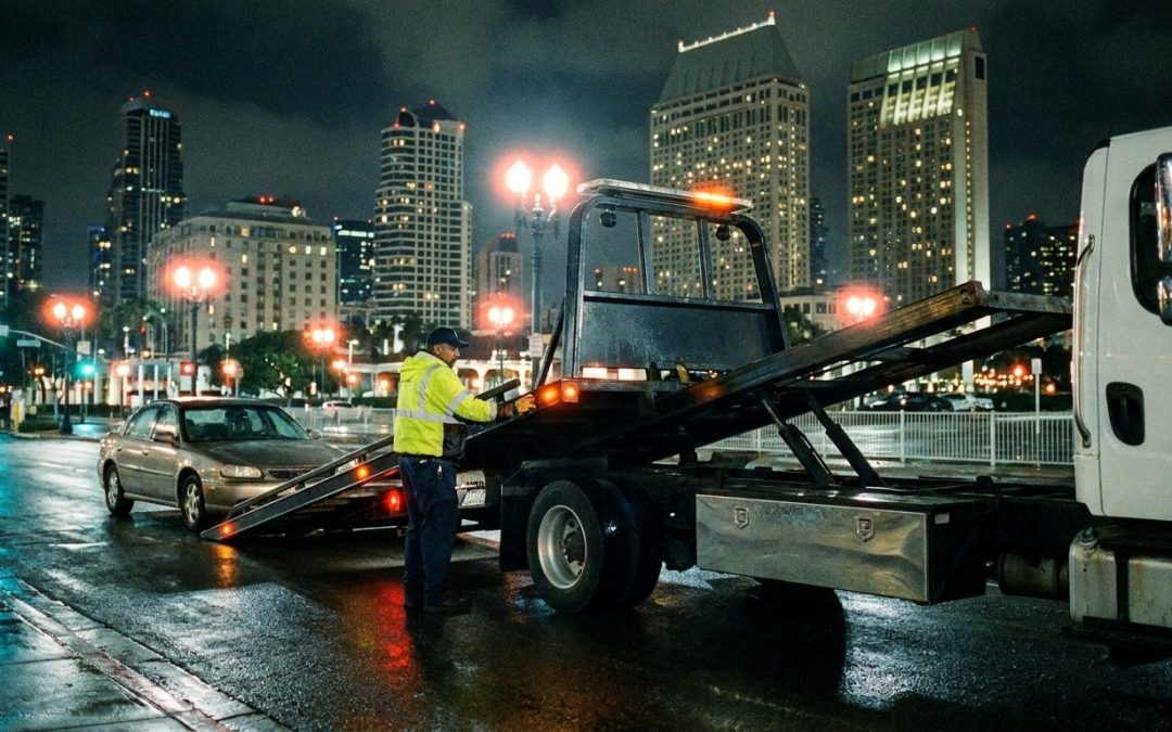 Ramirez Towing SD truck on a downtown San Diego street at night
