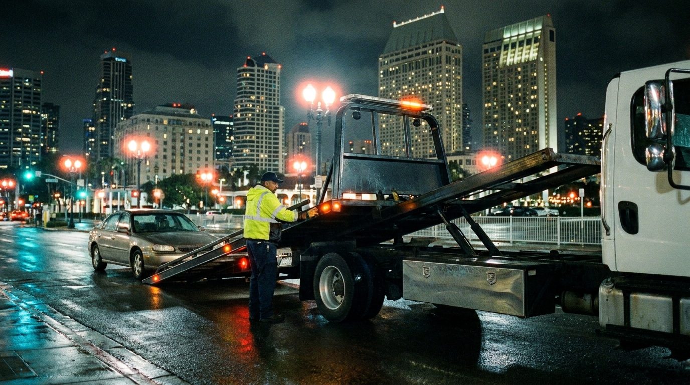 Ramirez Towing SD truck on a downtown San Diego street at night