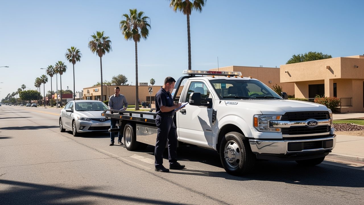 Tow truck operator reviewing towing costs with a vehicle owner in San Diego