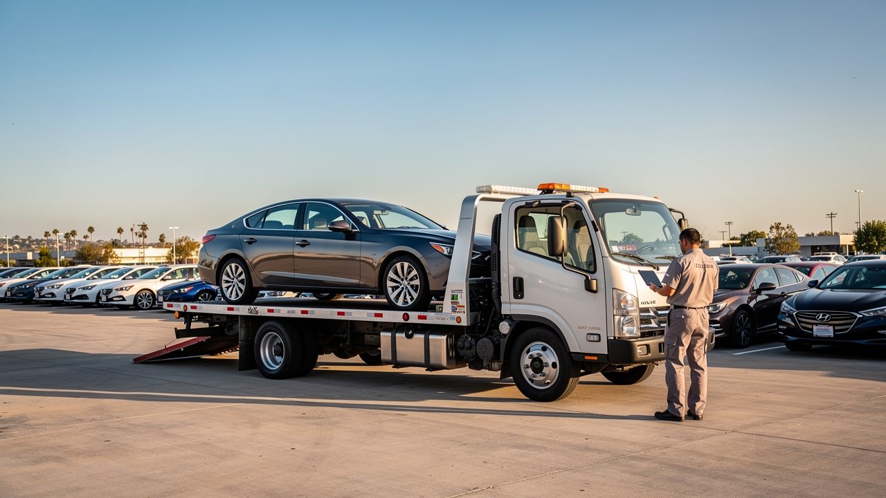 Flatbed tow truck loading dealership inventory at a San Diego auto lot