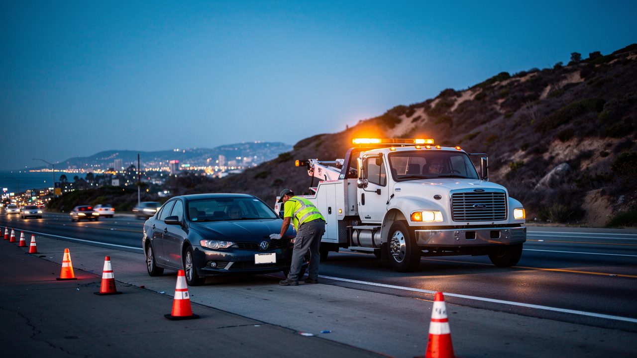 Tow truck with amber lights recovering a disabled car on a San Diego freeway at dusk