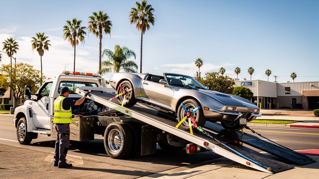 Classic sports car being winched carefully onto a flatbed tow truck in San Diego