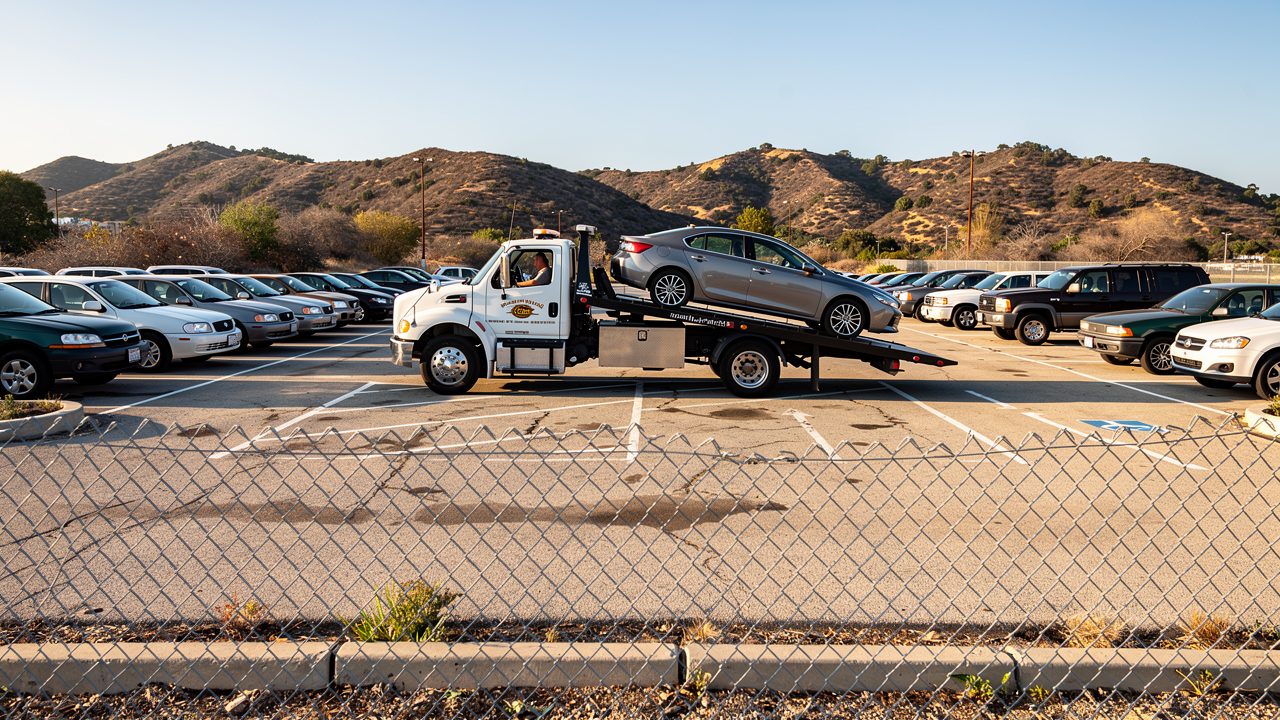 Impounded vehicles in a San Diego storage lot with a flatbed tow truck