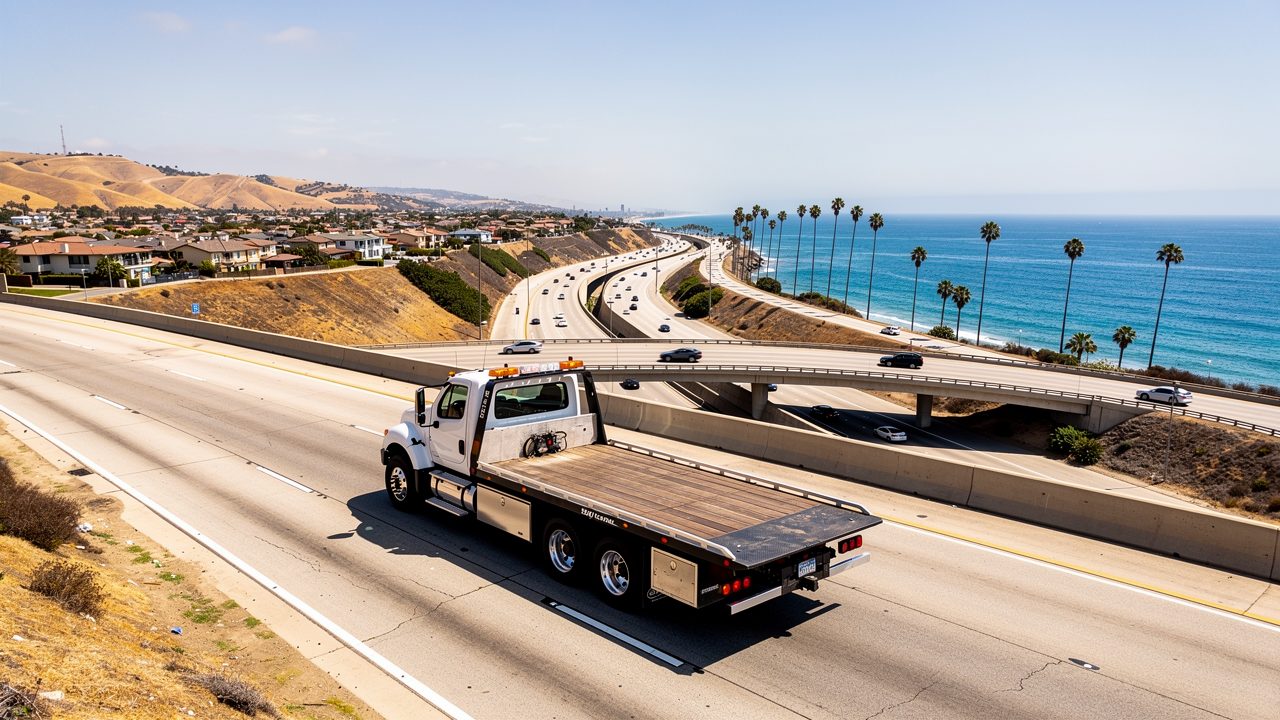 Tow truck traveling a San Diego freeway interchange serving county-wide areas