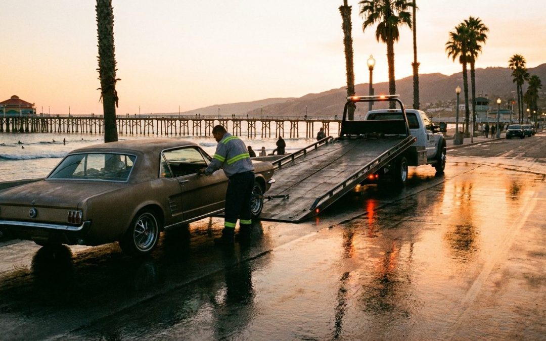 Ramirez Towing SD truck near Imperial Beach pier loading a broken-down vehicle