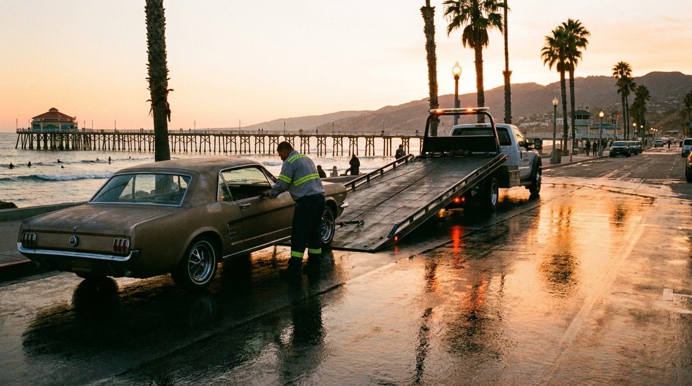Ramirez Towing SD truck near Imperial Beach pier loading a broken-down vehicle