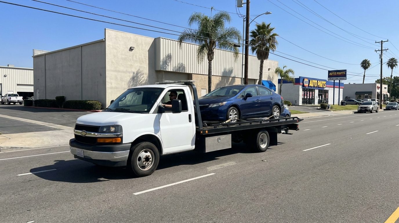 Ramirez Towing SD flatbed truck on Balboa Avenue in Kearny Mesa