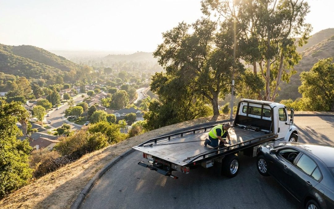 Ramirez Towing SD truck on a La Mesa hillside road near Mount Helix