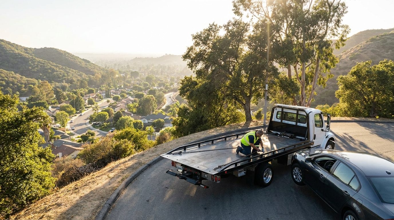 Ramirez Towing SD truck on a La Mesa hillside road near Mount Helix