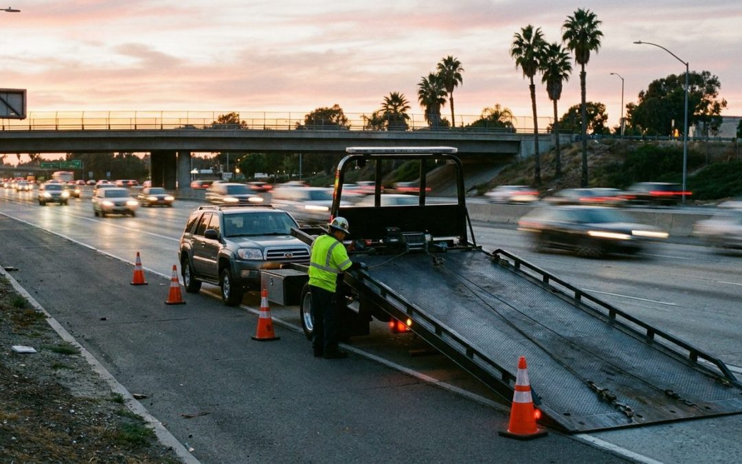 Ramirez Towing SD truck on I-8 shoulder in Mission Valley recovering a vehicle