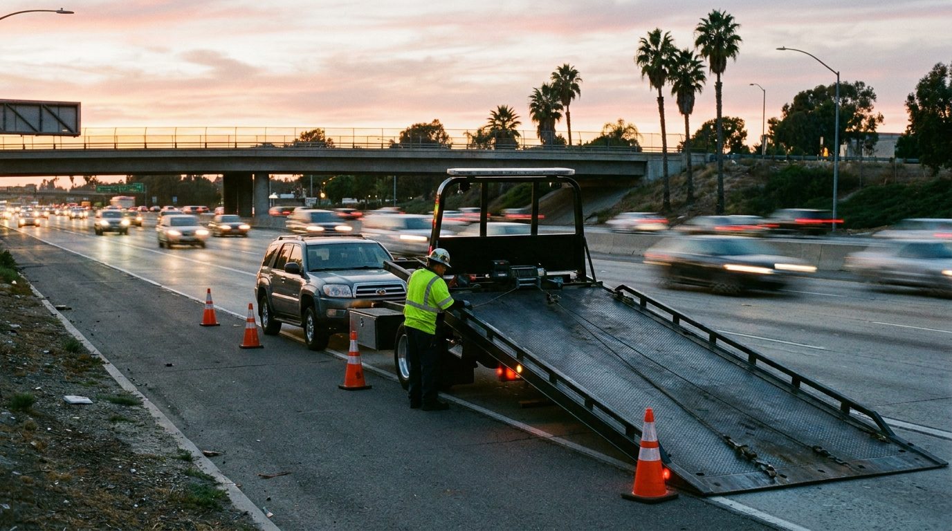 Ramirez Towing SD truck on I-8 shoulder in Mission Valley recovering a vehicle