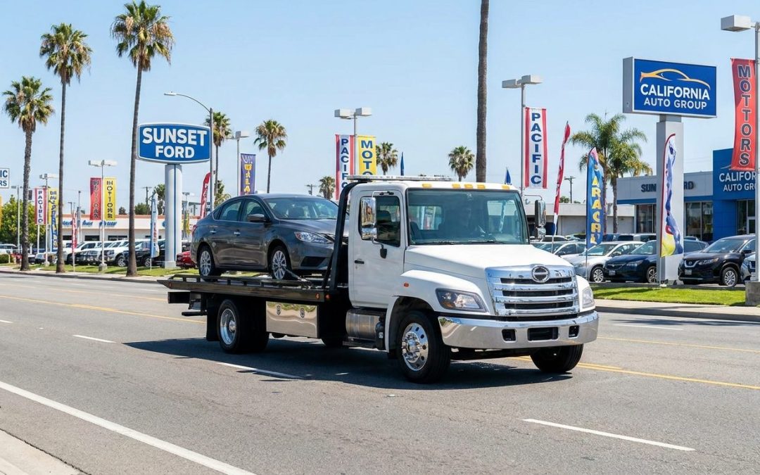 Ramirez Towing SD flatbed truck near National City Boulevard auto dealerships