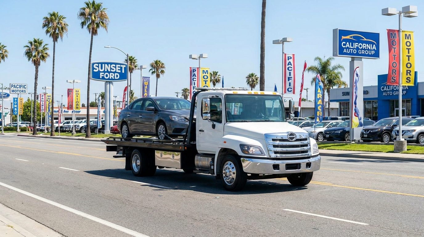 Ramirez Towing SD flatbed truck near National City Boulevard auto dealerships