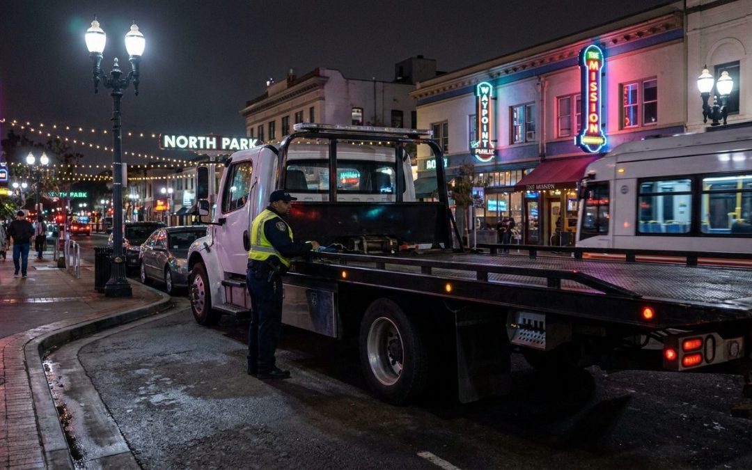 Ramirez Towing SD truck on University Avenue in North Park San Diego at night