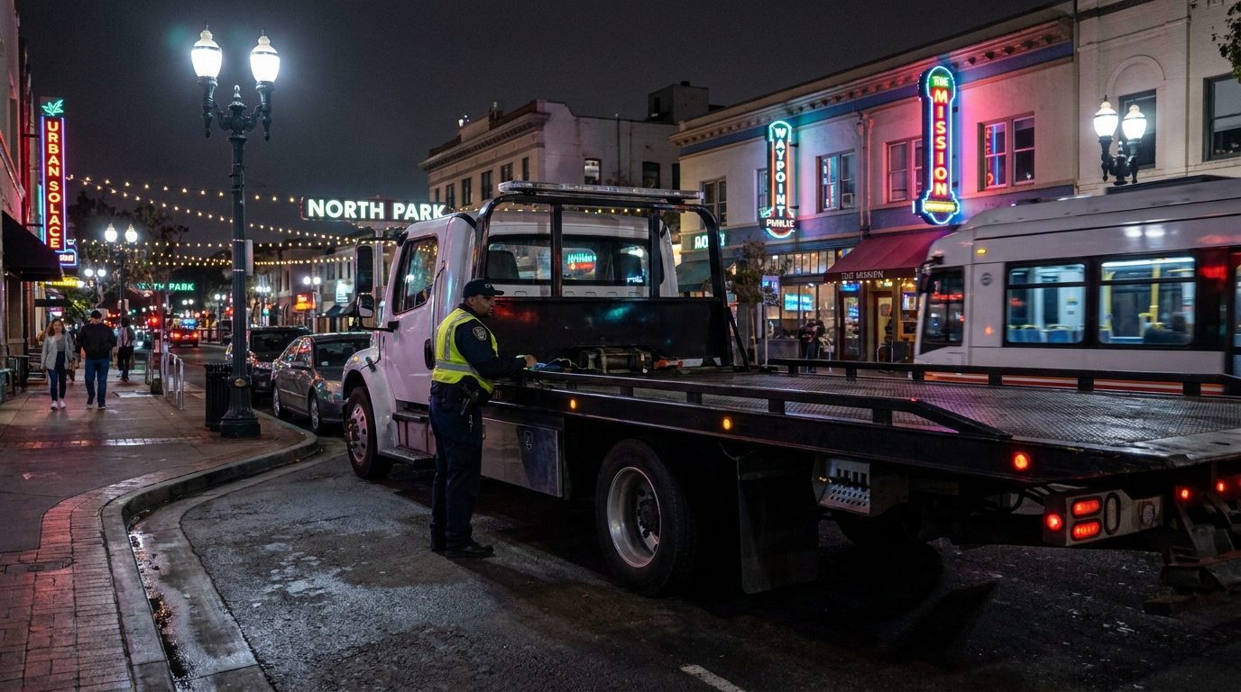 Ramirez Towing SD truck on University Avenue in North Park San Diego at night
