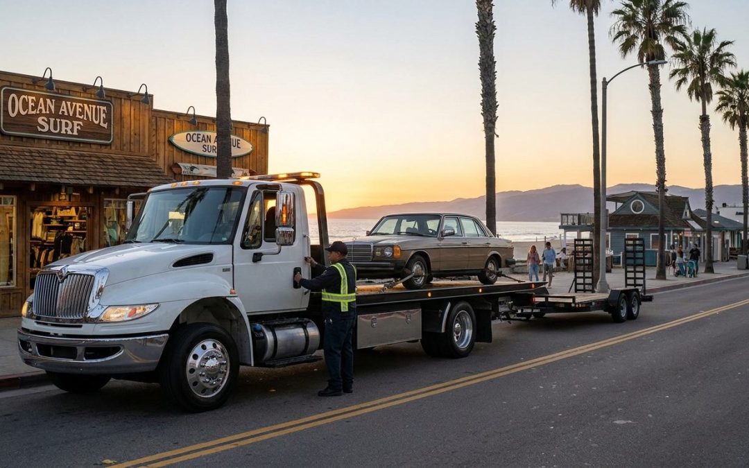 Ramirez Towing SD truck on Garnet Avenue in Pacific Beach at dusk