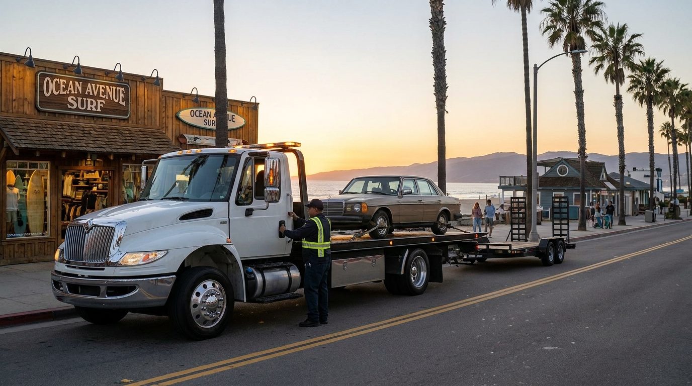 Ramirez Towing SD truck on Garnet Avenue in Pacific Beach at dusk