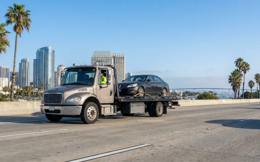 Ramirez Towing SD flatbed truck on San Diego freeway with city skyline
