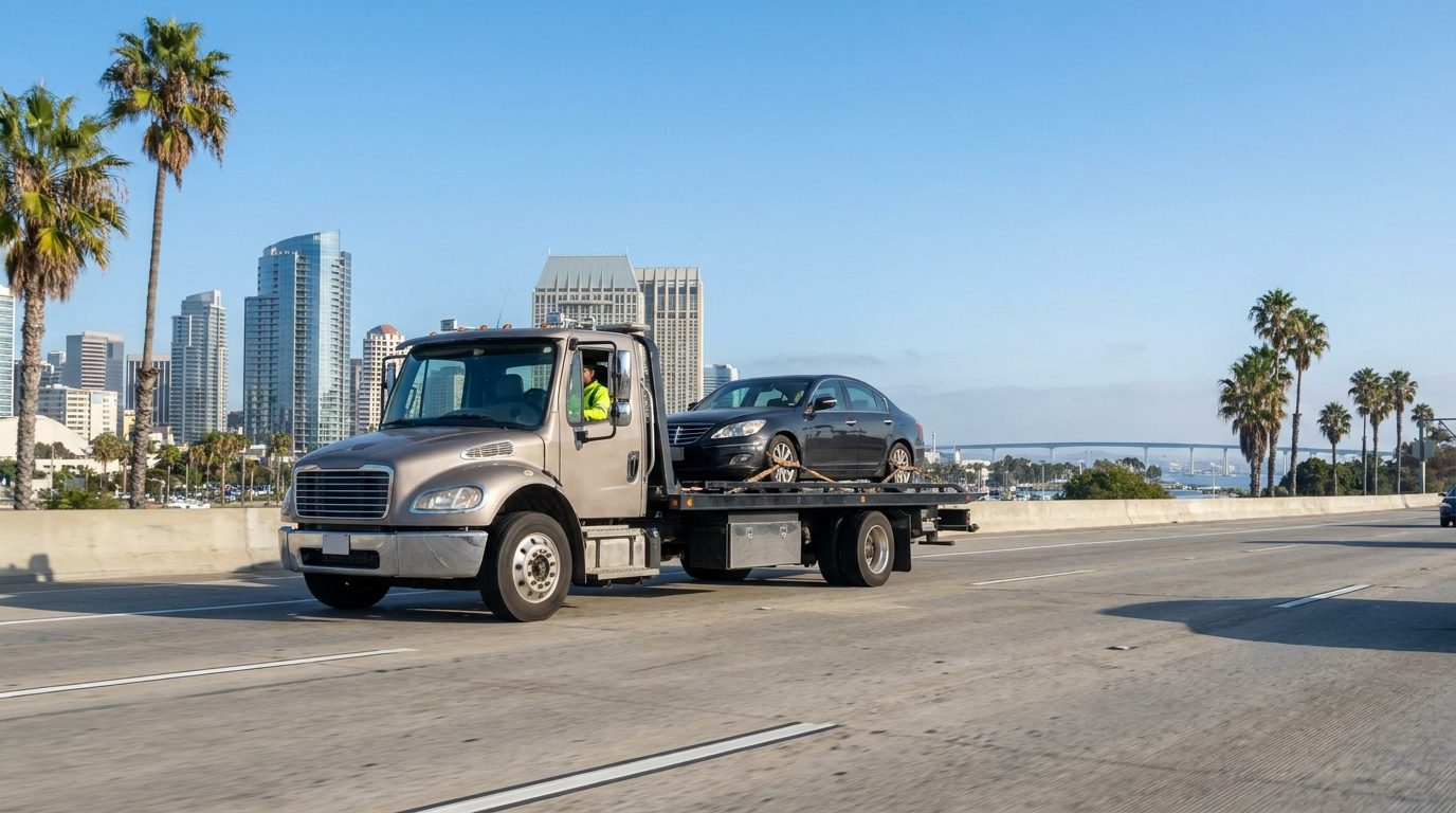 Ramirez Towing SD flatbed truck on San Diego freeway with city skyline