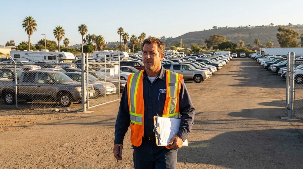 Flatbed tow truck operator reviewing pricing with a customer on a San Diego street