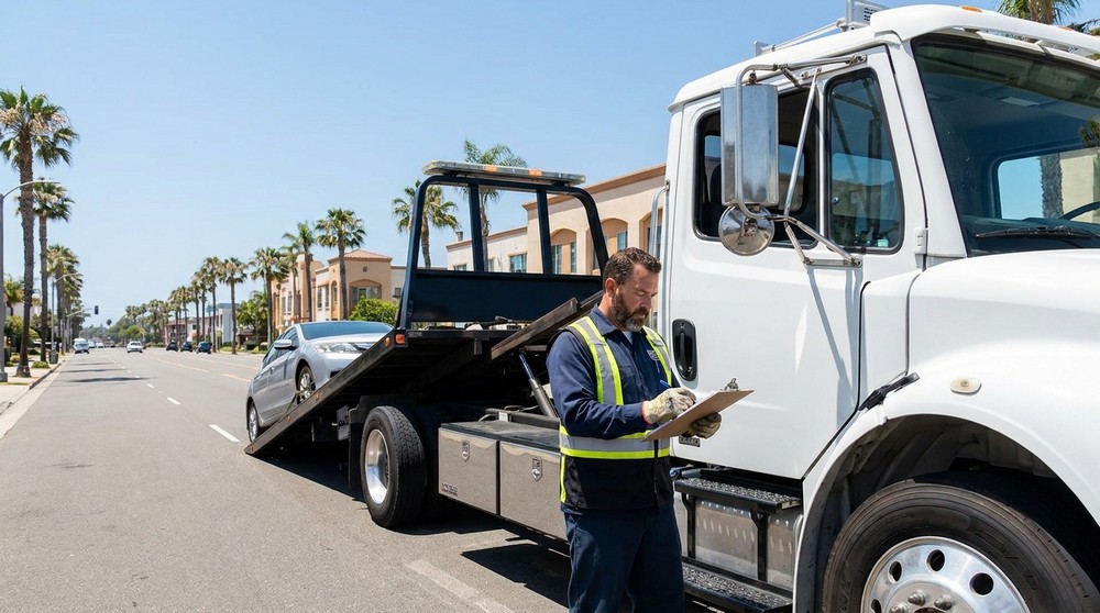 Flatbed tow truck operator reviewing pricing with a customer on a San Diego street