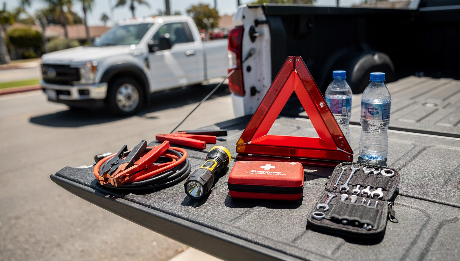 Roadside emergency kit California essentials laid out on a vehicle tailgate in San Diego